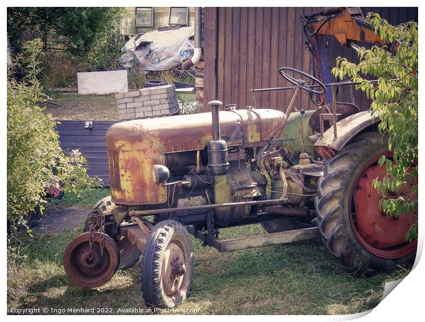 Old German tractor in the garden Print by Ingo Menhard