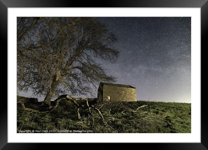 Swaledale barn and trees under the stars Framed Mounted Print by Paul Clark