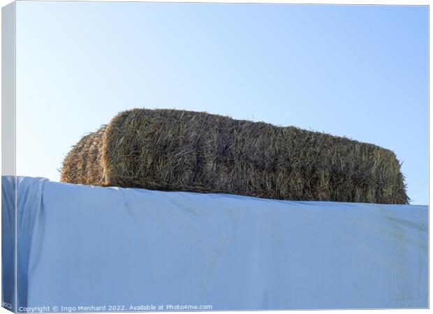 Hay stacked on a construction covered by white textile Canvas Print by Ingo Menhard