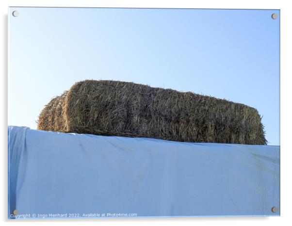 Hay stacked on a construction covered by white textile Acrylic by Ingo Menhard