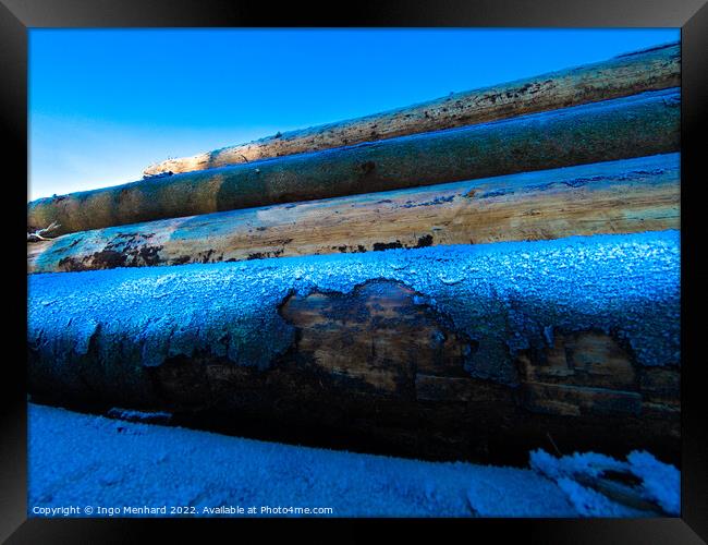 Pile of logs covered with snow at sunset Framed Print by Ingo Menhard