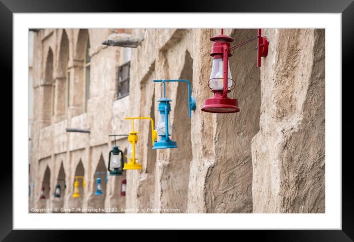 Colored lanterns hanging in old town Souq Waqif, Doha, Qatar Framed Mounted Print by SnapT Photography