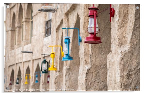 Colored lanterns hanging in old town Souq Waqif, Doha, Qatar Acrylic by SnapT Photography