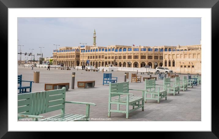 Green and blue coloured benches in rows in Souq Waqif Square, Doha, Qatar Framed Mounted Print by SnapT Photography
