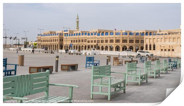 Green and blue coloured benches in rows in Souq Waqif Square, Doha, Qatar Print by SnapT Photography
