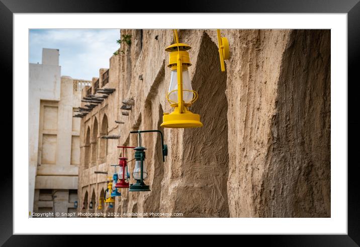 Colored lanterns hanging in old town Souq Waqif, Doha, Qatar Framed Mounted Print by SnapT Photography