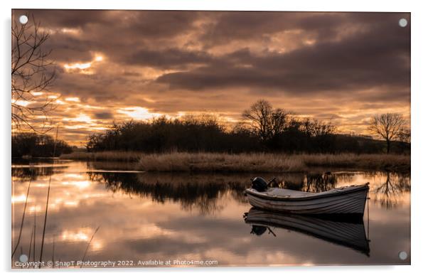 Sunset reflecting over the River Dee in Winter, with a boat in the river Acrylic by SnapT Photography