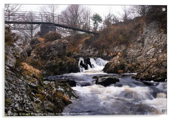 Waterfall on the Polmaddy Burn, below Polmaddy Settlement, during winter Acrylic by SnapT Photography