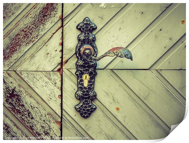 Abstract A closeup of the metal door handle on a weathered wooden door Print by Ingo Menhard