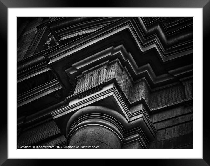 Grayscale low angle of an old architectural pillar Framed Mounted Print by Ingo Menhard
