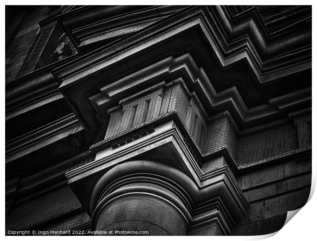 Grayscale low angle of an old architectural pillar Print by Ingo Menhard