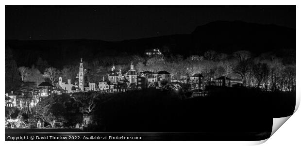The lights of the Italianate village of Portmeirion illuminate the surrounding trees Print by David Thurlow