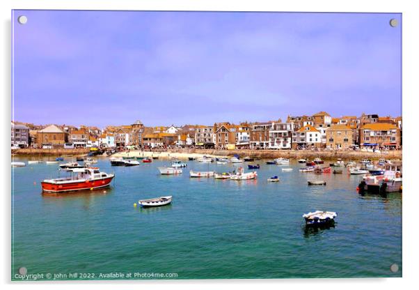 St. Ives wharf and town, Cornwall, England, UK. Acrylic by john hill