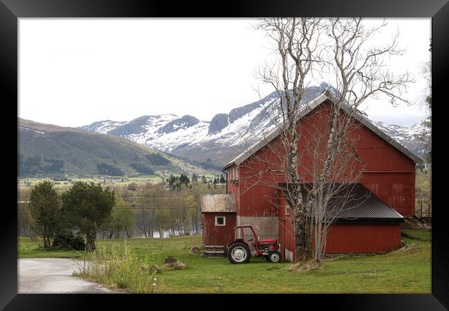 Red tractor  Norway Framed Print by kathy white