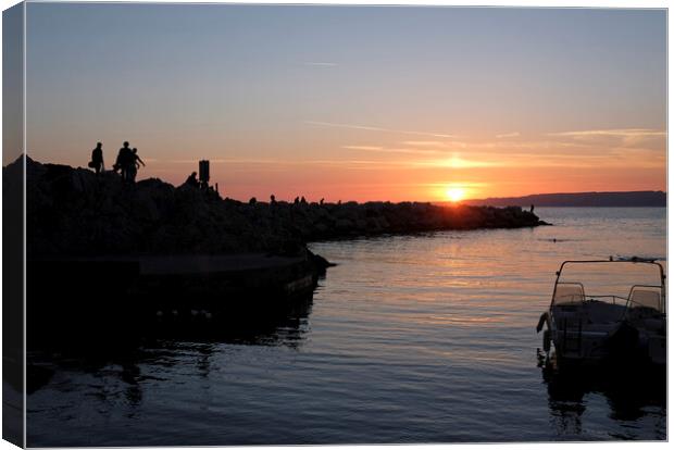 Boats and silhouettes of people at the coast of Marseille Canvas Print by Lensw0rld 