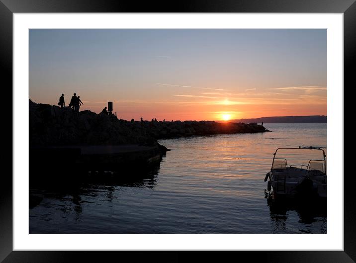 Boats and silhouettes of people at the coast of Marseille Framed Mounted Print by Lensw0rld 