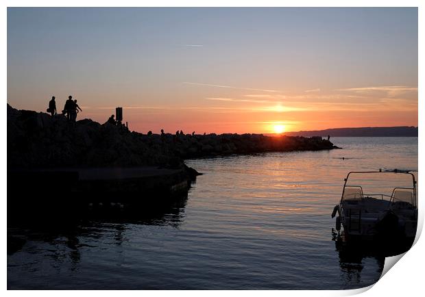 Boats and silhouettes of people at the coast of Marseille Print by Lensw0rld 