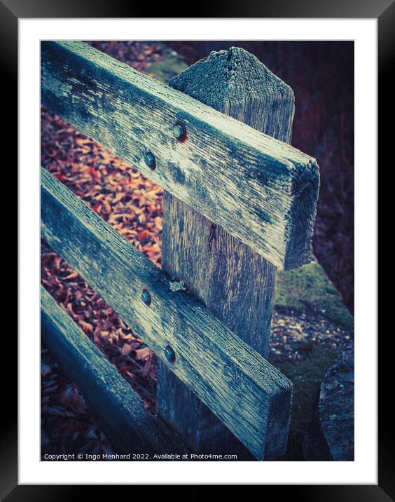 The wooden weathered fence and dry autumn leaves in the forest Framed Mounted Print by Ingo Menhard