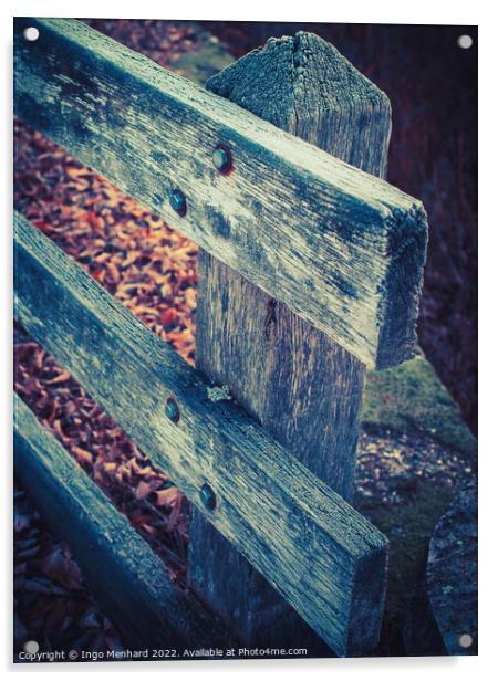 The wooden weathered fence and dry autumn leaves in the forest Acrylic by Ingo Menhard