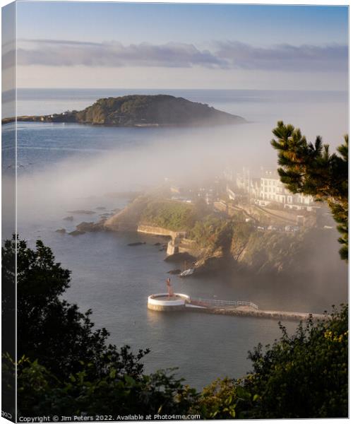 Mist in Looe over the Banjo Pier  Canvas Print by Jim Peters