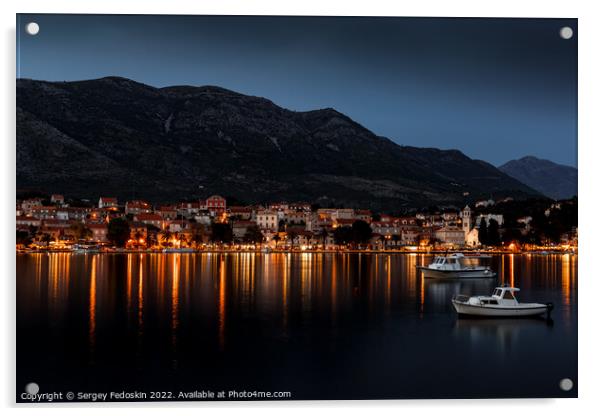 Embankment of Cavtat town after sunset, Dubrovnik Riviera, Croatia. Acrylic by Sergey Fedoskin