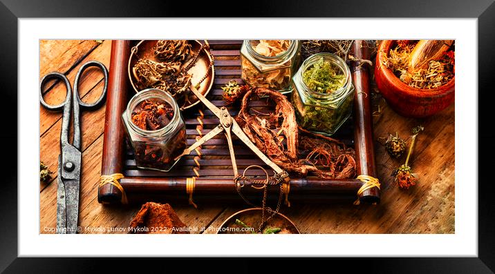 Tray with healing herbs. Framed Mounted Print by Mykola Lunov Mykola