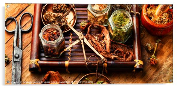 Tray with healing herbs. Acrylic by Mykola Lunov Mykola