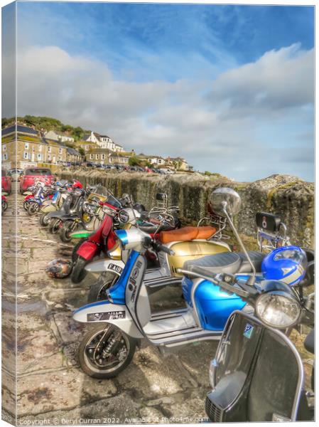 Nostalgic Scooter Scene at Mousehole Harbour Canvas Print by Beryl Curran