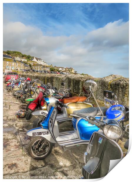 Nostalgic Scooter Scene at Mousehole Harbour Print by Beryl Curran