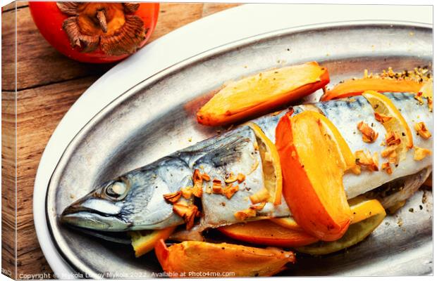 Baked scomber fish with persimmon. Canvas Print by Mykola Lunov Mykola