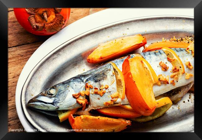 Baked scomber fish with persimmon. Framed Print by Mykola Lunov Mykola