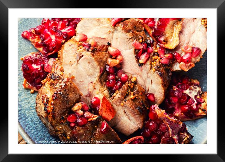 Pork meat fried with pomegranate, close up Framed Mounted Print by Mykola Lunov Mykola