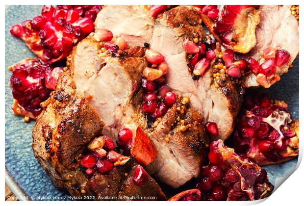 Pork meat fried with pomegranate, close up Print by Mykola Lunov Mykola