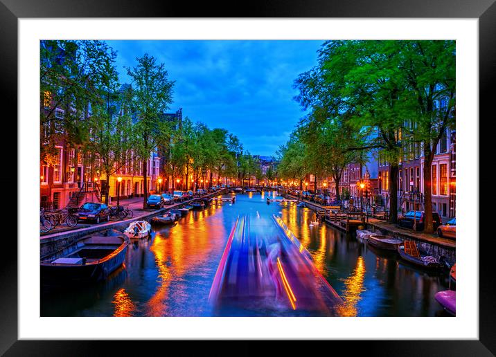 City Lights In Amsterdam Canal At Dusk Framed Mounted Print by Artur Bogacki