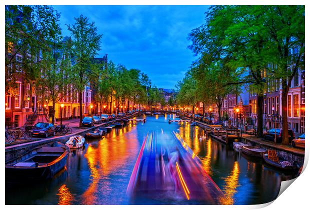 City Lights In Amsterdam Canal At Dusk Print by Artur Bogacki