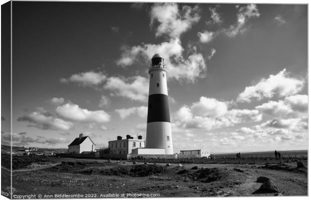 Portland Bill's lighthouse in monochrome Canvas Print by Ann Biddlecombe