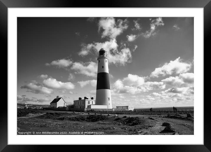 Portland Bill's lighthouse in monochrome Framed Mounted Print by Ann Biddlecombe