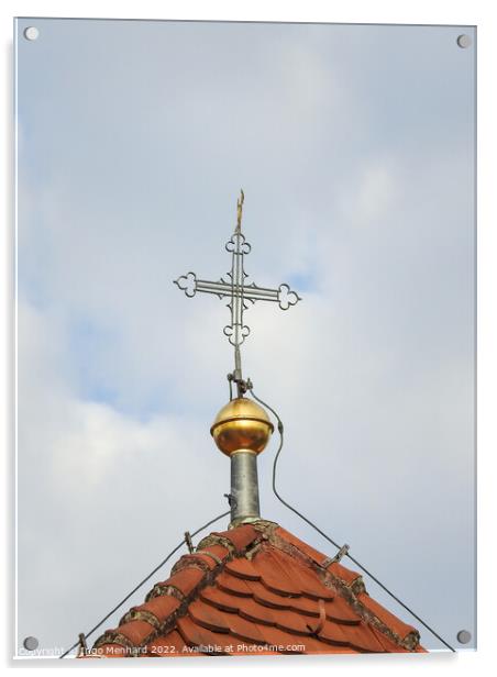 A vertical shot of a metallic cross on a cloudy sky background. Acrylic by Ingo Menhard