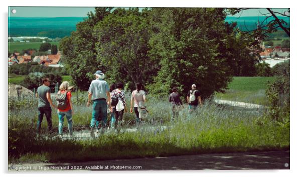 Group of wanderers at the Friedrichsberg in Bavaria walking to the village of Abtswind Acrylic by Ingo Menhard