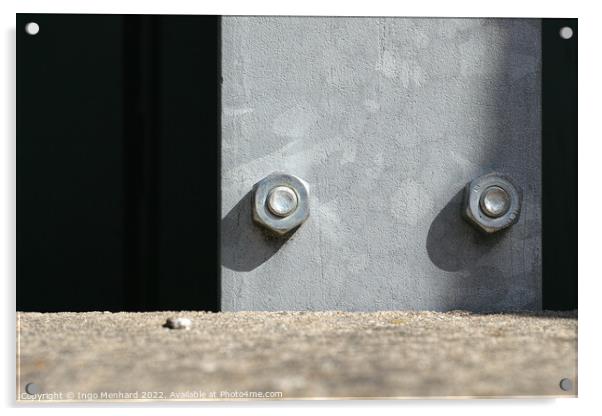 Two big screws in a steel plank Acrylic by Ingo Menhard