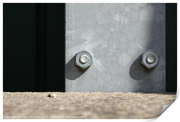 Two big screws in a steel plank Print by Ingo Menhard