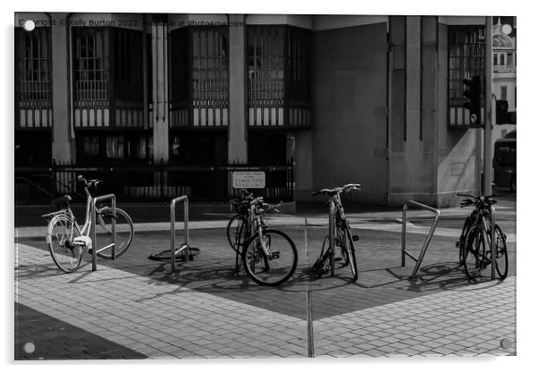 Row of bikes in the street. Acrylic by Kelly Burton