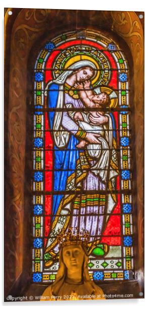 Mary Stained Glass Statue Saint Paul Church Nimes Gard France Acrylic by William Perry