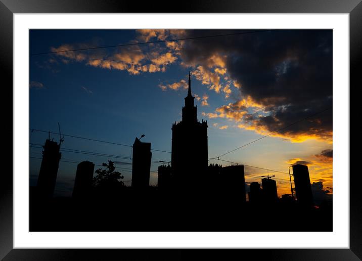 Warsaw City Downtown Skyline Silhouette At Sunset Framed Mounted Print by Artur Bogacki