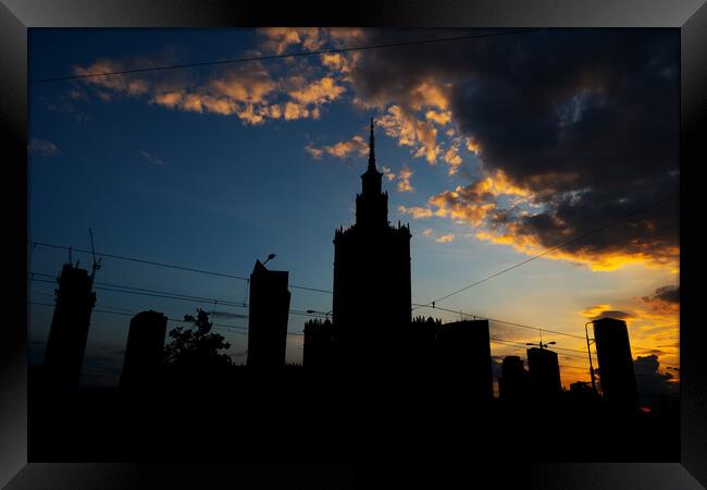 Warsaw City Downtown Skyline Silhouette At Sunset Framed Print by Artur Bogacki
