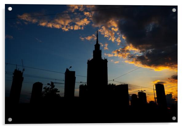 Warsaw City Downtown Skyline Silhouette At Sunset Acrylic by Artur Bogacki