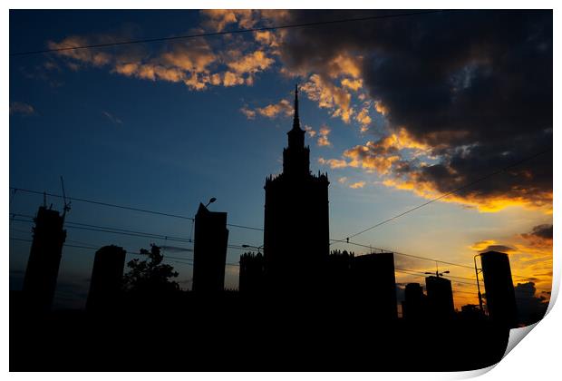 Warsaw City Downtown Skyline Silhouette At Sunset Print by Artur Bogacki