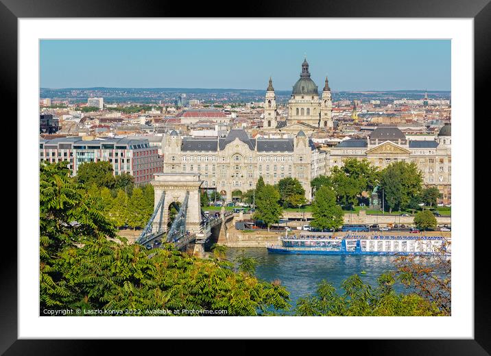 Chain Bridge, Gresham Palace, St Stephen Basilica - Budapest Framed Mounted Print by Laszlo Konya