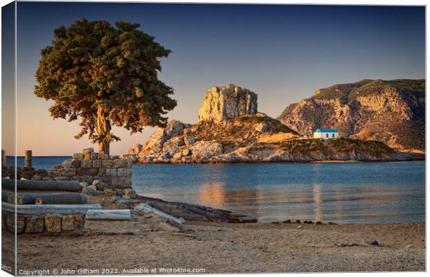 Sunrise - Kastri Island and the Chapel of Agios Nikolaos - Kos Greece Canvas Print by John Gilham