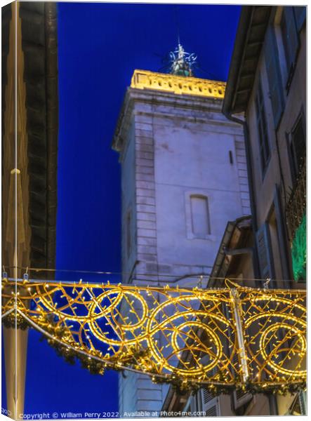 Christmas Decorations Old Clock Tower Street Nimes Gard France Canvas Print by William Perry